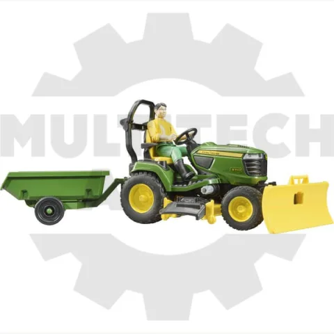 John Deere fűnyíró traktor, pótkocsival és kertésszel